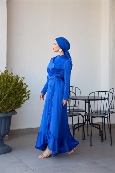 Kobe Satin Evening Dress with Skirt Detail - Saks Blue