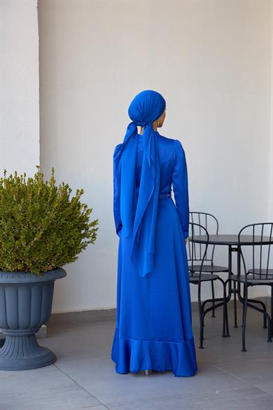 Kobe Satin Evening Dress with Skirt Detail - Saks Blue