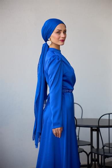 Kobe Satin Evening Dress with Skirt Detail - Saks Blue