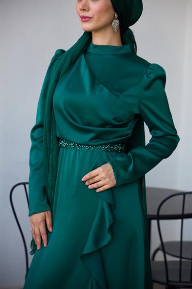 Kobe Satin Evening Dress with Skirt Detail - Emerald Green