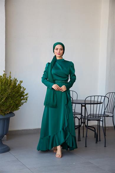 Kobe Satin Evening Dress with Skirt Detail - Emerald Green