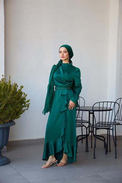 Kobe Satin Evening Dress with Skirt Detail - Emerald Green