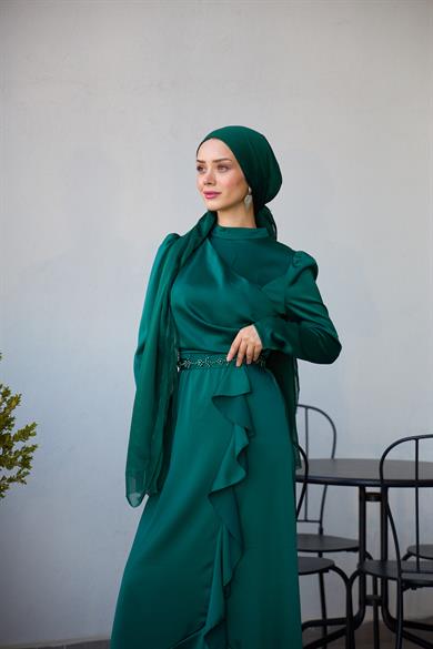 Kobe Satin Evening Dress with Skirt Detail - Emerald Green