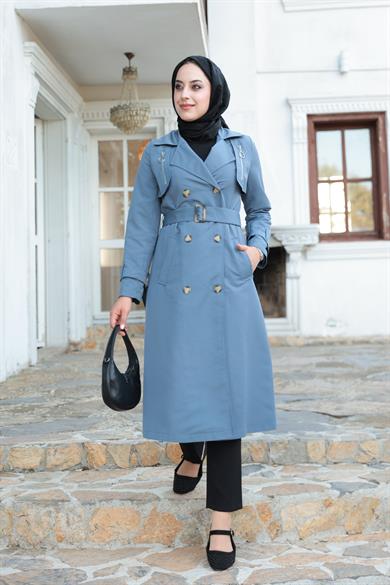 Fermuar Detay Trençkot - Bebe Mavi