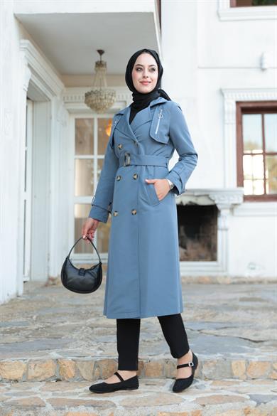 Fermuar Detay Trençkot - Bebe Mavi