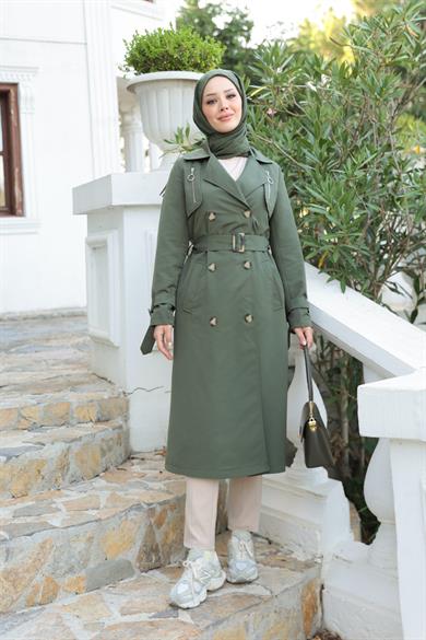 Fermuar Detay Trençkot - Haki