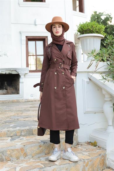 Fermuar Detay Trençkot - Kahverengi