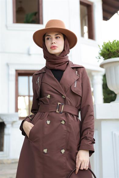 Fermuar Detay Trençkot - Kahverengi