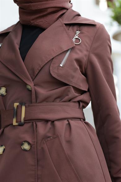 Fermuar Detay Trençkot - Kahverengi