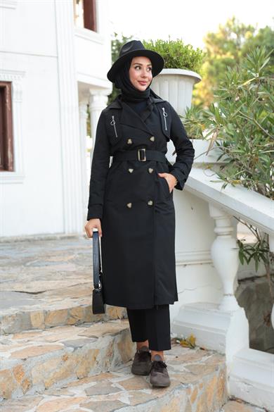 Fermuar Detay Trençkot - Siyah
