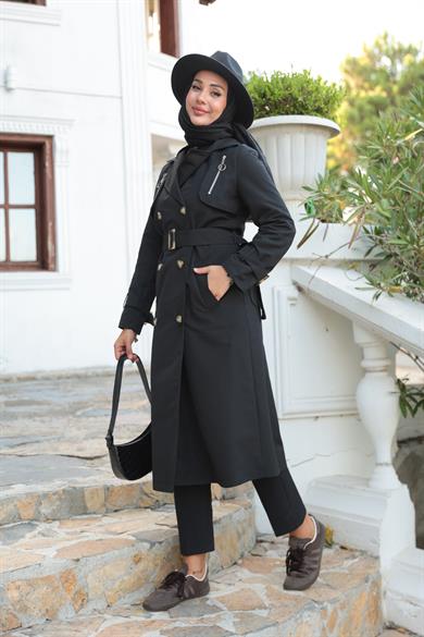 Fermuar Detay Trençkot - Siyah