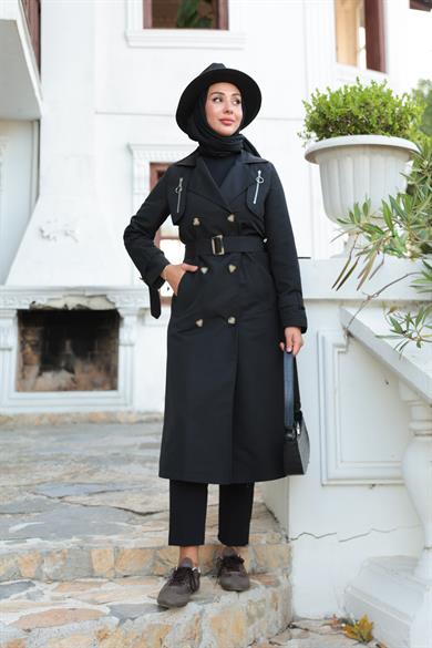 Fermuar Detay Trençkot - Siyah