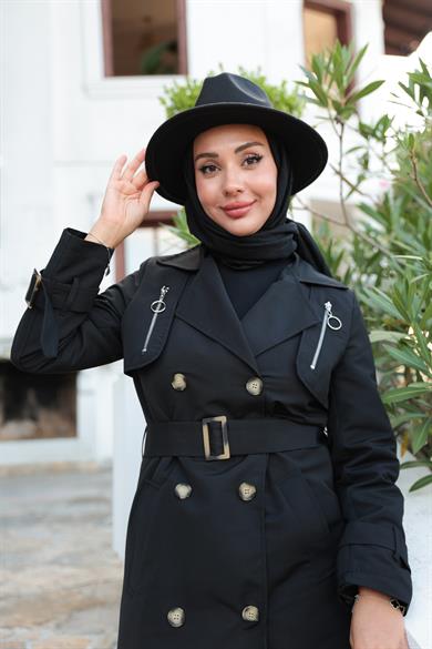 Fermuar Detay Trençkot - Siyah