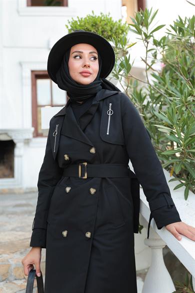 Fermuar Detay Trençkot - Siyah