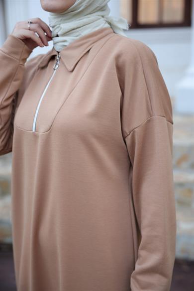 Zipper Detailed Dress - Beige