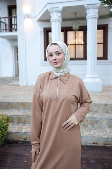 Zipper Detailed Dress - Beige