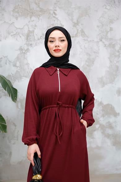 Fermuar Detaylı Elbise - Bordo