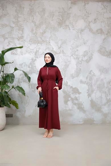 Fermuar Detaylı Elbise - Bordo