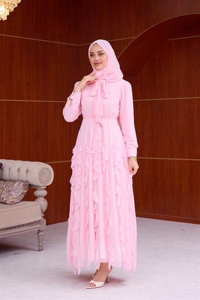 Feyza Fırfır  Detay Şifon Elbise - Pembe