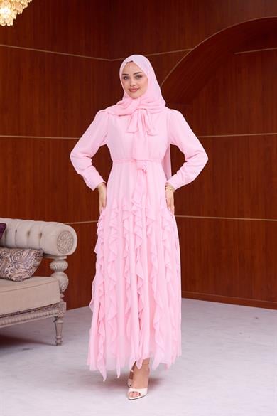 Feyza Fırfır  Detay Şifon Elbise - Pembe