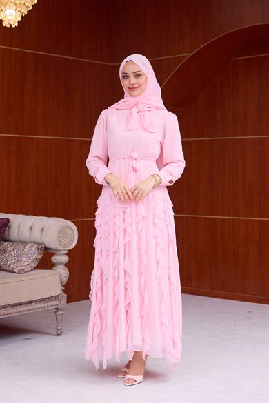 Feyza Fırfır  Detay Şifon Elbise - Pembe