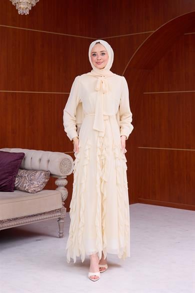 Feyza Fırfır  Detay Şifon Elbise - Sarı