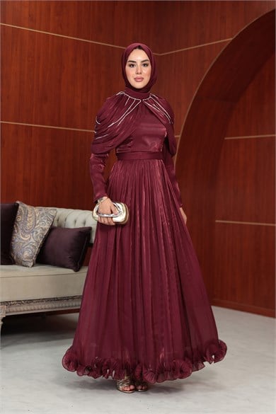 Feza Pelerin Detay Abiye - Bordo