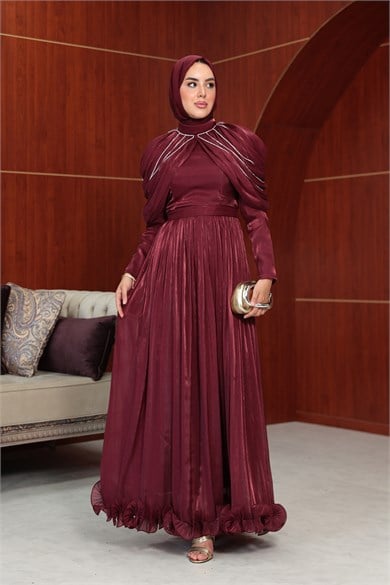 Feza Pelerin Detay Abiye - Bordo