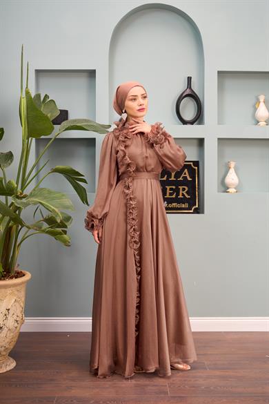 Ruffle Detail Belted Evening Dress - Copper