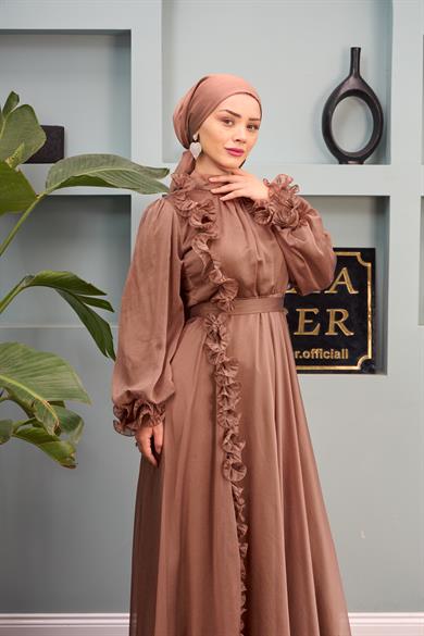 Ruffle Detail Belted Evening Dress - Copper