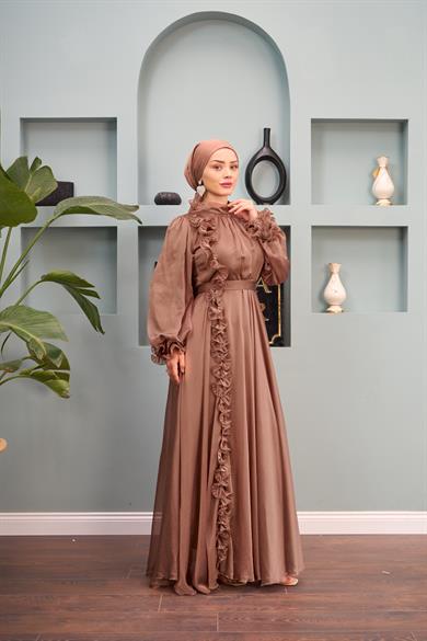 Ruffle Detail Belted Evening Dress - Copper