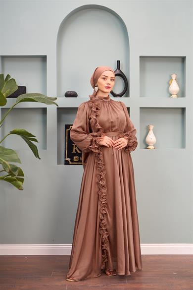 Ruffle Detail Belted Evening Dress - Copper