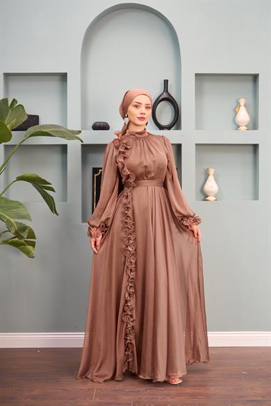 Ruffle Detail Belted Evening Dress - Copper