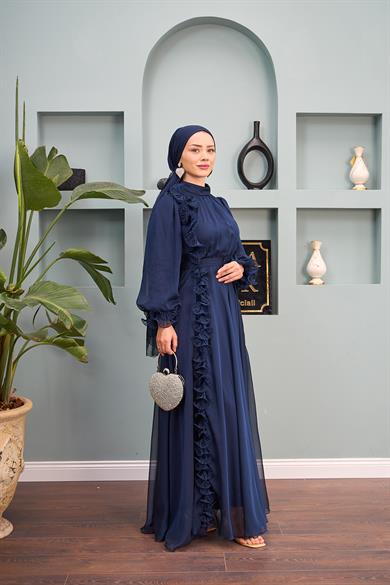 Ruffle Detailed Belted Evening Dress - Navy Blue