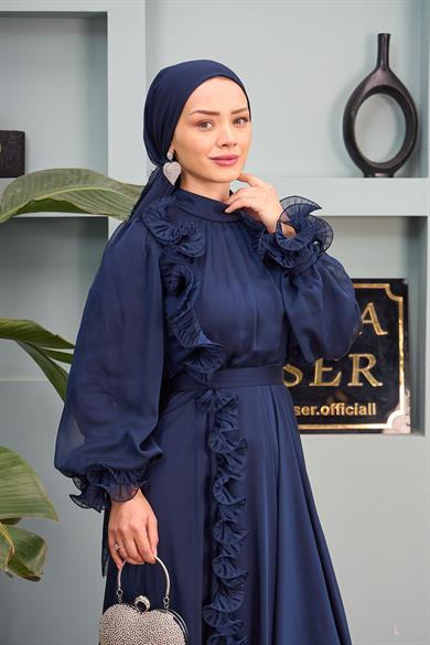 Ruffle Detailed Belted Evening Dress - Navy Blue