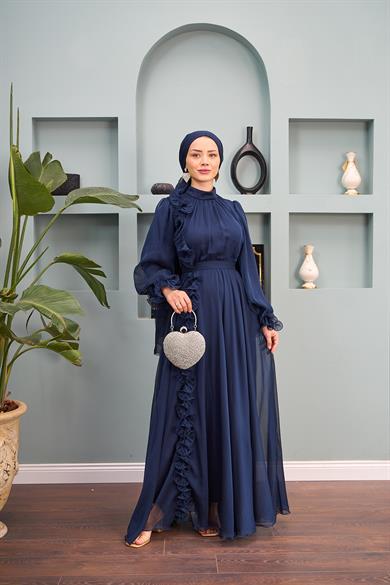 Ruffle Detailed Belted Evening Dress - Navy Blue