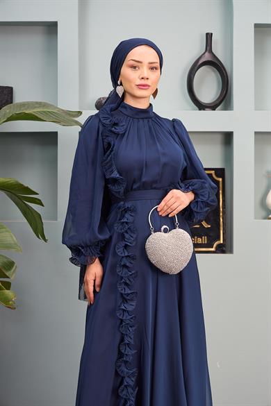 Ruffle Detailed Belted Evening Dress - Navy Blue