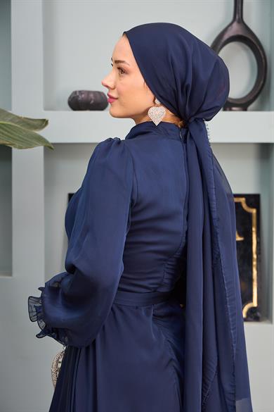 Ruffle Detailed Belted Evening Dress - Navy Blue