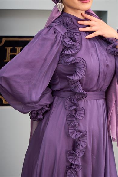 Ruffle Detail Belted Evening Dress - Lilac