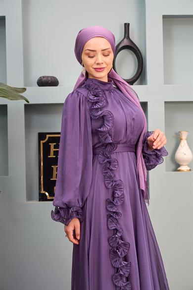 Ruffle Detail Belted Evening Dress - Lilac