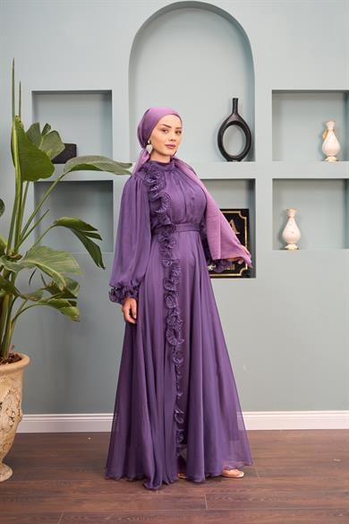 Ruffle Detail Belted Evening Dress - Lilac