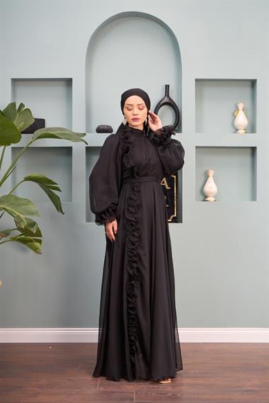 Ruffle Detail Belted Evening Dress - Black