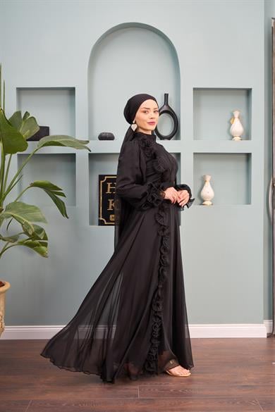 Ruffle Detail Belted Evening Dress - Black