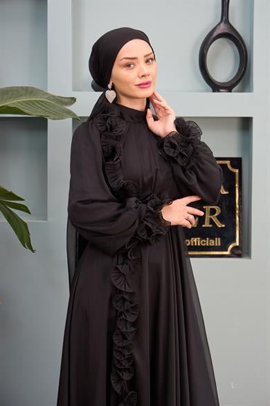 Ruffle Detail Belted Evening Dress - Black