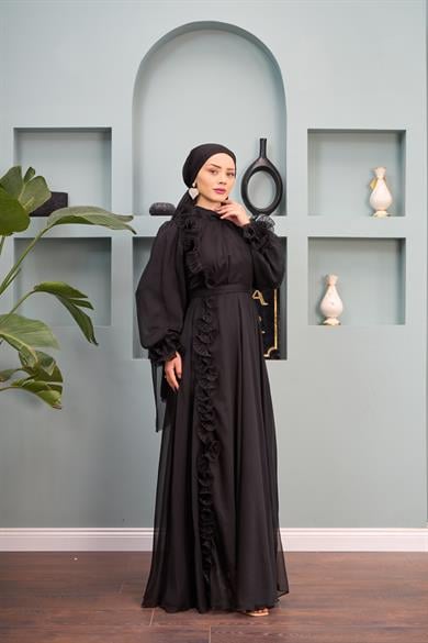 Ruffle Detail Belted Evening Dress - Black