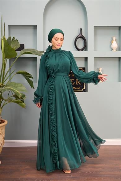 Ruffle Detail Belted Evening Dress - Emerald Green