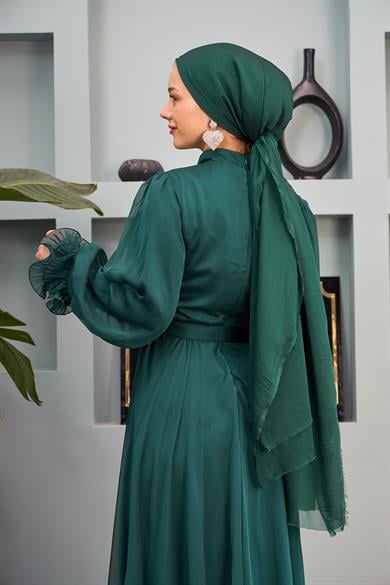 Ruffle Detail Belted Evening Dress - Emerald Green