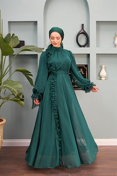 Ruffle Detail Belted Evening Dress - Emerald Green