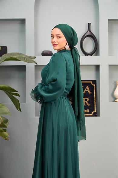 Ruffle Detail Belted Evening Dress - Emerald Green