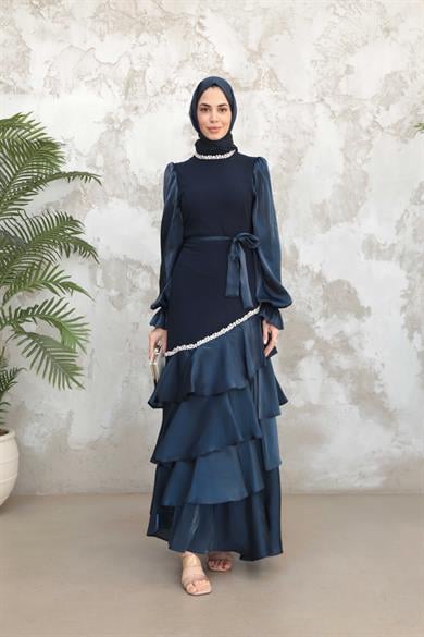 Fırfır Detay Organze Taş İşleme Abiye - Lacivert